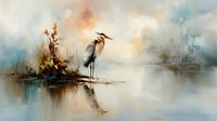 Solitary heron standing in misty wetland at dawn, artistic watercolor style with soft pastel colors and reflections in tranquil water.