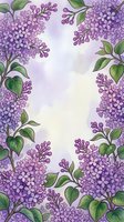 Lilac flowers with green leaves frame a soft lavender background, creating an elegant botanical border design suitable for invitations, greeting cards, and spring-themed projects.