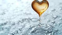 Golden heart-shaped liquid drop suspended above water surface with ripples and water droplets creating a romantic, emotional atmosphere.