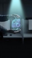 Businessman holding glowing holographic calendar and clock icon between hands, representing time management, scheduling, and digital business planning solutions.