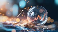 Crystal ball with financial chart reflection resting on pile of coins against blurred bokeh background, glowing market prediction and investment concept.