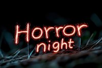 Glowing red neon Horror night text with spooky atmospheric lighting and dark smoky background for Halloween events and scary movie promotions.