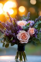 Romantic bouquet with peach roses and purple lavender in glass vase against golden sunset bokeh background, fresh floral arrangement for wedding or celebration.
