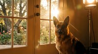 German Shepherd dog sitting indoors by window with golden sunlight streaming through glass panes, warm interior lighting, pet portrait for home decor or animal-related content.