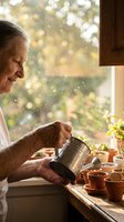 Senior Caucasian woman watering small potted plants by sunny kitchen window with warm natural light and bokeh background for gardening and home care concepts.