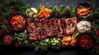 Grilled pork ribs with spicy sauce, rice and fresh vegetables on dark background with Christmas decorations, pine branches and red berries.
