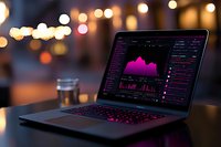 Laptop displaying pink financial charts and analytics dashboard on dark background with bokeh lights, glass of water on wooden table in evening atmosphere.