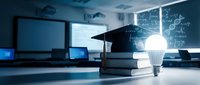 Graduation cap on books with glowing lightbulb in modern classroom with mathematical formulas on blackboard. Education innovation and academic achievement concept.
