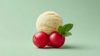 Vanilla ice cream scoop with fresh red cherries and mint leaf on soft green background for dessert menu and summer treat advertising.