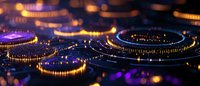 Glowing circular patterns with golden and purple lights creating futuristic technological abstract background with bokeh effect and depth of field.