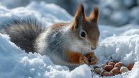 Red squirrel eating nuts in winter snow scene with fluffy white powder surrounding small woodland creature foraging for food in cold season nature wildlife.