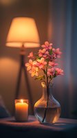 Pink flowers in glass vase with glowing candle and warm lamp light creating cozy evening atmosphere. Romantic home interior with soft bokeh background.