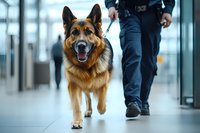 German Shepherd police dog walking with handler in modern building corridor, focused alert expression and professional working stance for security patrol.