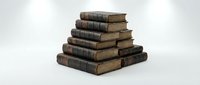 Stack of aged leather-bound books with worn spines isolated on white background, suitable for education, literature, library, and vintage design projects.