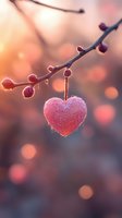 Pink heart ornament hanging from frosted winter branch with warm bokeh lights creating romantic holiday atmosphere for seasonal greeting cards and decorations.