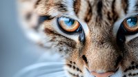 Extreme close up of tiger eyes showing unique split coloring with bright blue and amber, detailed fur texture and whiskers against blurred background.