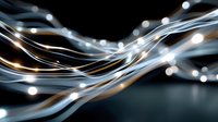 Abstract light trails with glowing white and gold streaks flowing across dark background, creating dynamic motion effect for technology designs.