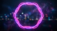 Glowing neon circle frame with magenta light effect on dark blurred cityscape background, suitable for digital design, tech presentations, and modern graphics.