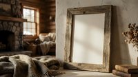 Rustic wooden mirror frame leaning against textured wall in cozy cabin interior with natural lighting and warm atmosphere for home decor projects.