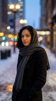 Young mixed-race woman in winter scarf standing on snowy city street at night with bokeh lights creating warm atmospheric urban scene for lifestyle content.
