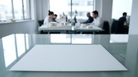 Empty glass table in modern office with blurred business team meeting in background, suitable for corporate presentations, websites, and business marketing materials.