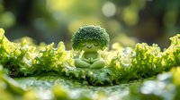 Cute broccoli character meditating on fresh lettuce leaf in garden setting with soft bokeh background and morning dew drops. Creative food photography concept.