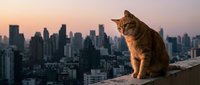 Orange tabby cat sitting on urban rooftop ledge overlooking city skyline at sunset with warm golden light and skyscrapers in background for pet lifestyle content.