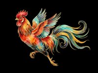 Colorful rooster with vibrant red, orange, and turquoise plumage, isolated on transparent background. Ready for t-shirts, clipart, stickers, and print-on-demand designs.