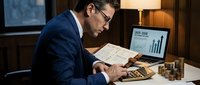 Professional businessman in suit analyzing financial documents and charts on laptop in modern office setting with warm lighting and wooden desk.