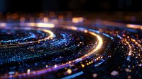 Abstract digital light trails forming curved paths against dark background with bokeh effect, representing data flow, technology networks, or futuristic communication systems.