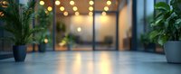 Modern office entrance hall with blurred bokeh lights, potted plants and reflective floor creating welcoming atmosphere for business interior design.