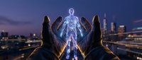 Hands holding glowing holographic human figure above city skyline at dusk, representing digital transformation, artificial intelligence, and future technology innovation.