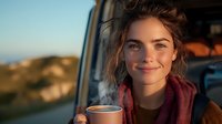 Young woman with warm smile holding steaming coffee cup at sunset, sitting in vehicle during outdoor adventure. Natural lighting creates golden glow on relaxed, casual scene.