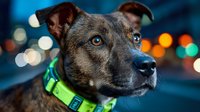 Mixed breed dog with brindle coat wearing green collar against blurred city lights background at night. Pet portrait with bokeh effect for veterinary care concepts.