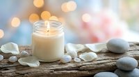 Burning candle in glass jar with white rose petals and smooth stones on rustic wood surface creating peaceful spa atmosphere with soft bokeh lights.
