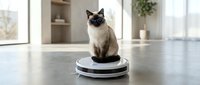 Siamese cat sitting on robotic vacuum cleaner in modern home interior with natural lighting and minimalist decor for pet care automation concepts.