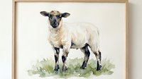 Watercolor sheep standing in green grass field, farm animal illustration with soft brushstrokes on light background for rustic home decor and agricultural themes.