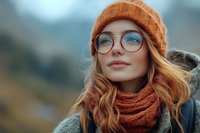 Young woman with red hair wearing orange knit beanie, glasses and scarf outdoors in autumn. Natural soft lighting and blurred mountain background creates cozy mood.