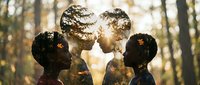 Silhouettes of diverse couple in love with double exposure forest trees and sunlight creating romantic artistic portrait for wedding and relationship concepts.