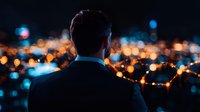 Silhouette of businessman looking at night city lights with bokeh effect in background, rear view. Dark moody atmosphere suggests success and ambition.