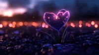 Glowing heart-shaped flower emitting magical purple light against blurred city bokeh background at dusk, fantasy nature concept for romance and love stories.