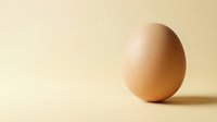 Single brown chicken egg standing upright on neutral beige background with soft lighting and shadow, minimalist composition for cooking and food concepts.