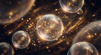 Floating transparent bubbles with golden sparkles and light rays create magical atmosphere against dark background with bokeh effects and glowing particles.