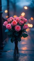 Pink roses in glass vase with bokeh lights, evening ambiance. Suitable for greeting cards, romantic events, floral arrangements, Valentine's Day, anniversaries, and home decor designs.