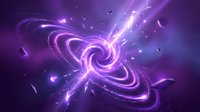 Purple cosmic energy vortex with swirling light beams and particles creating dynamic spiral motion against dark space background for sci-fi designs.
