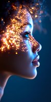 Side profile with glowing golden glitter makeup and blue lighting creates magical ethereal effect against dark background, showcasing artistic beauty and creative cosmetics.