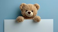 Adorable brown teddy bear peeking over white blank sign against blue background for children toys, nursery decor, greeting cards and promotional materials.