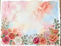 Watercolor floral border with roses, peonies, and greenery on soft pastel background. Ideal for invitations, greeting cards, and decorative design projects.