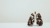 Cigarette breaking into scattered tobacco pieces shaped as human lungs on white background, representing health risks and smoking cessation concept.