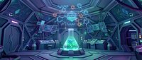 Futuristic spaceship control room interior with glowing green energy core, holographic displays and advanced technology panels for sci-fi gaming concepts.